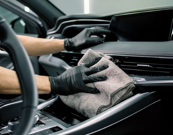 Professional car interior detailing with microfiber towel
