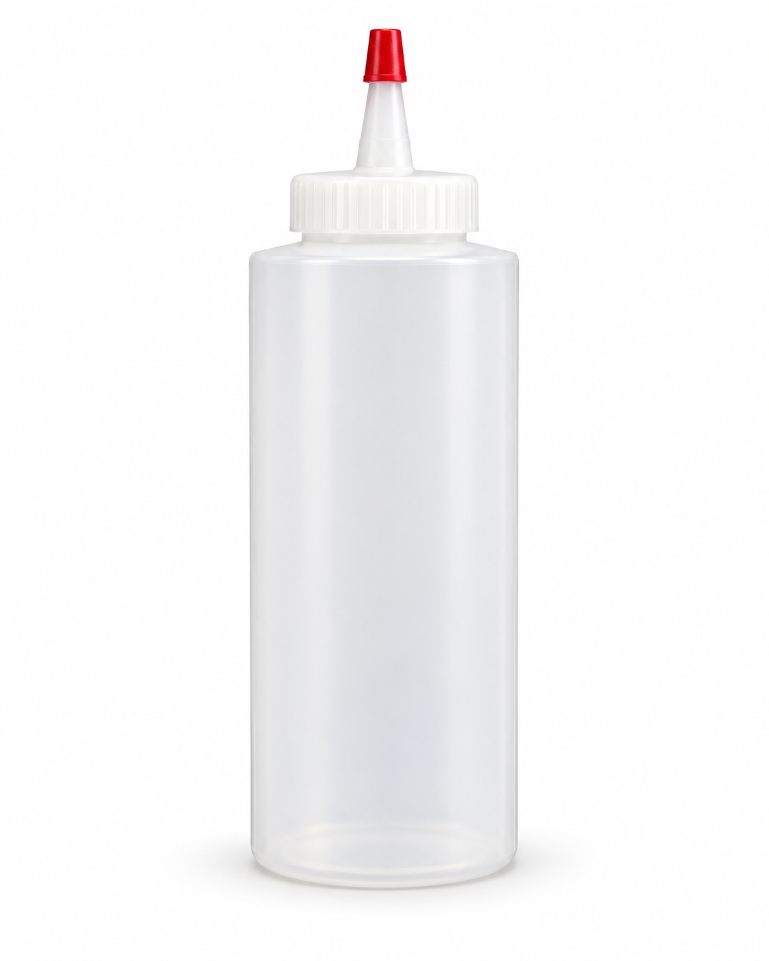 12 oz translucent plastic squeeze bottle with applicator tip and red cap