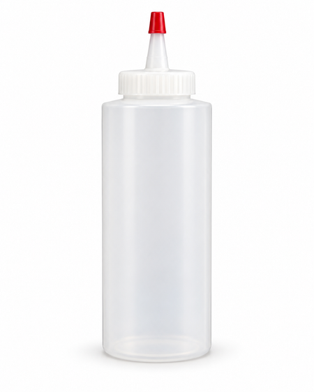 12 oz translucent plastic squeeze bottle with applicator tip and red cap