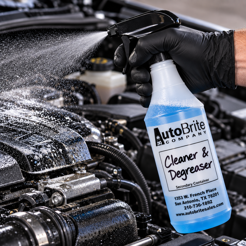 AutoBrite Cleaner & Degreaser being sprayed onto an engine with blue liquid in a labeled secondary container