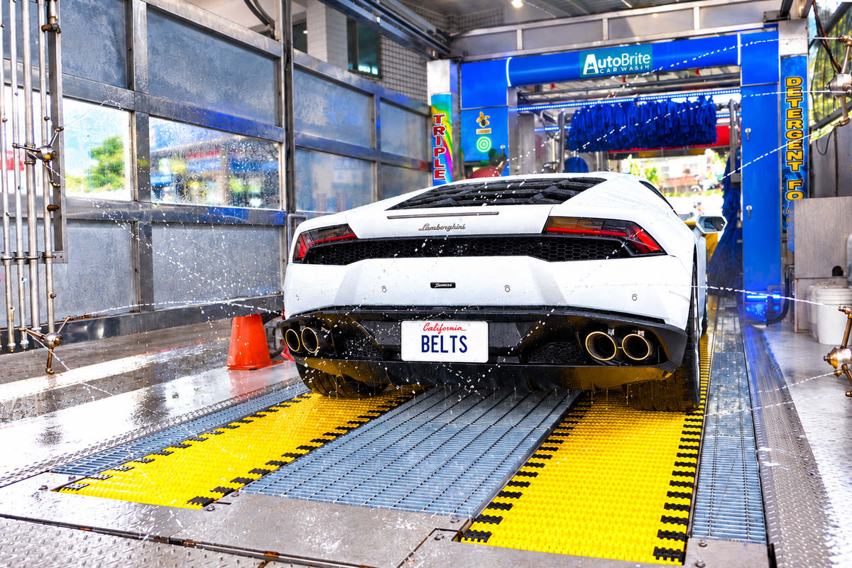 White Lamborghini on AutoBrite yellow belt conveyor in car wash with BELTS license plate