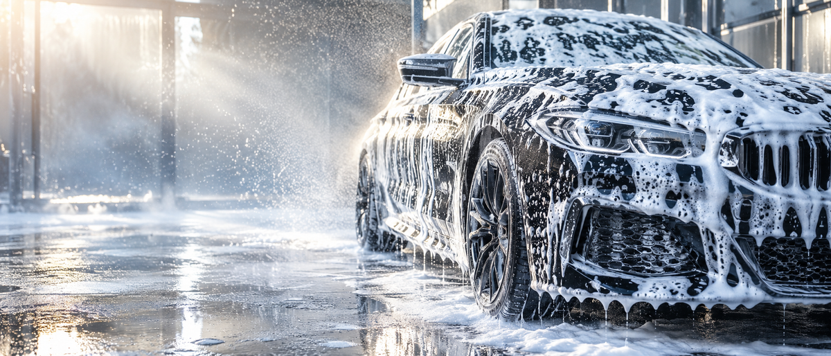 Foam-covered black sedan in a car wash bay with thick suds and water spray