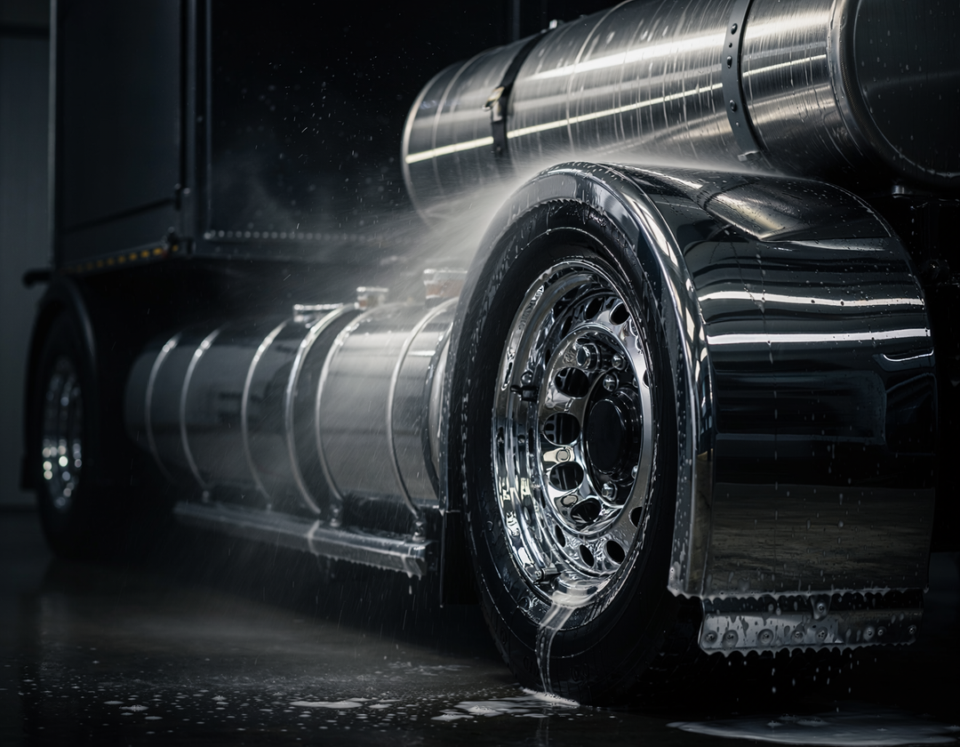 Close-up of chrome on a heavy-duty truck being professionally cleaned