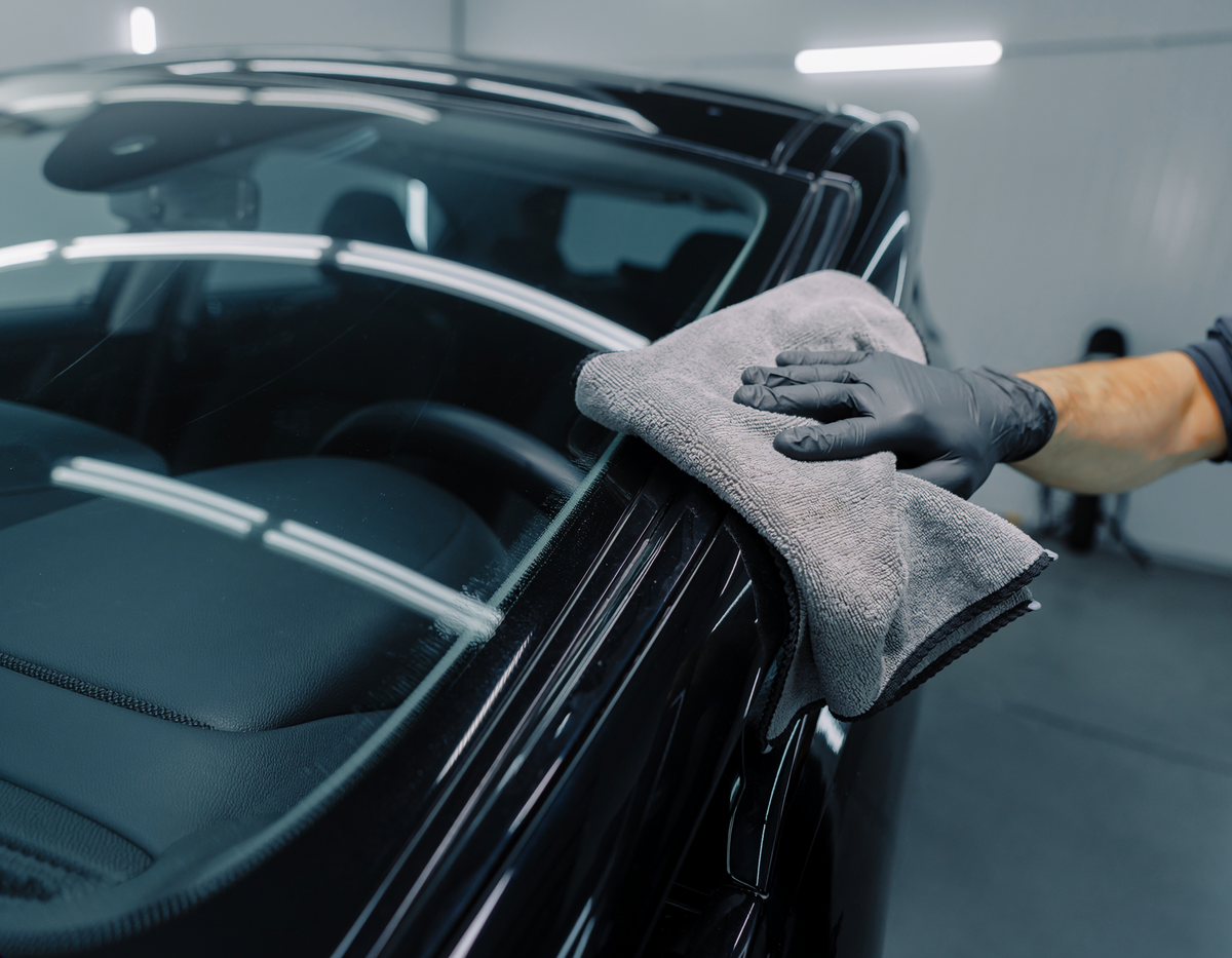 Professional detailer cleaning vehicle glass to a streak-free finish