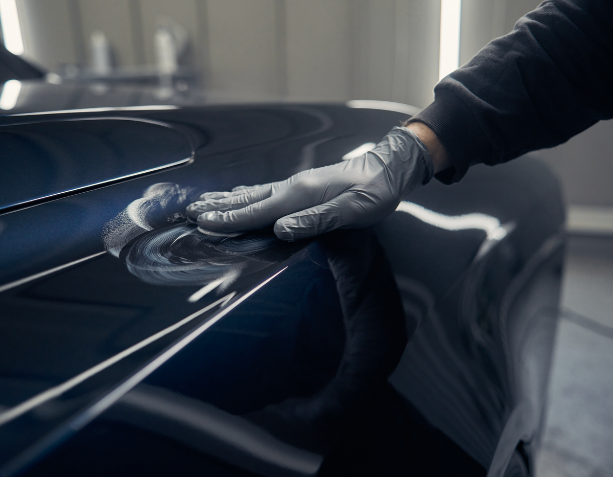 Professional detailer applying paint protection by hand to a glossy vehicle