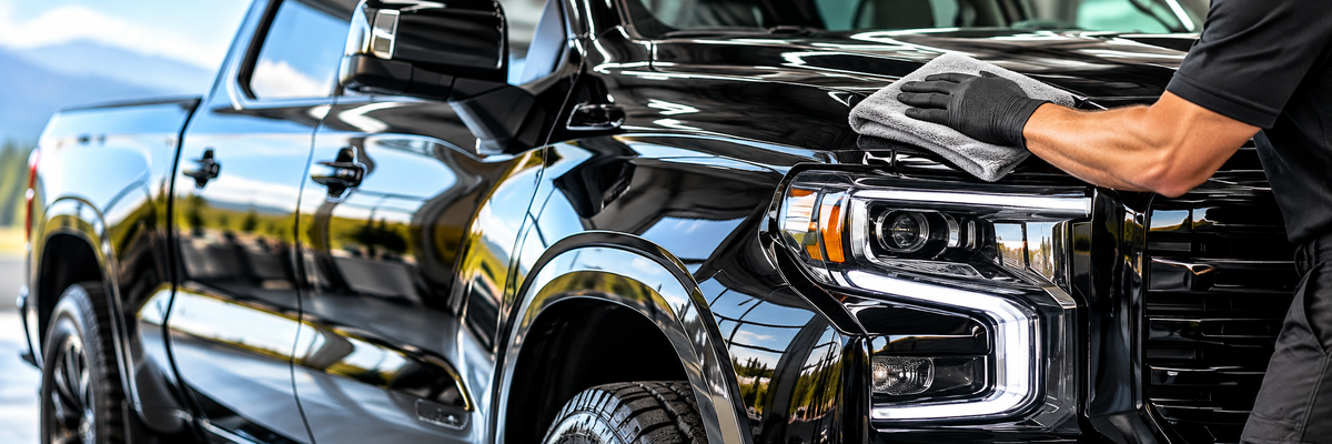 Shiny black truck being polished with a soft microfiber towel