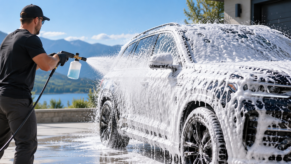 Man using a foam cannon to cover a dark SUV with thick white foam — ABC Snow Brite