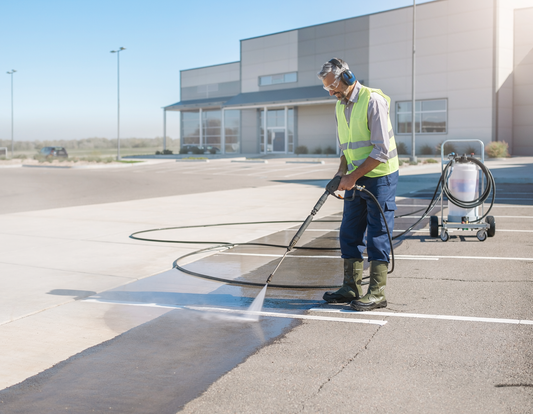 Professional pressure washing a commercial parking lot
