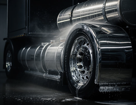 Commercial truck wheel being pressure washed, illustrating AutoBrite Power Wash use