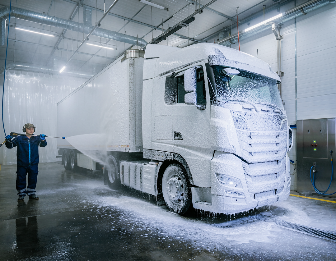 Commercial semi truck being washed with heavy foam in a professional wash bay