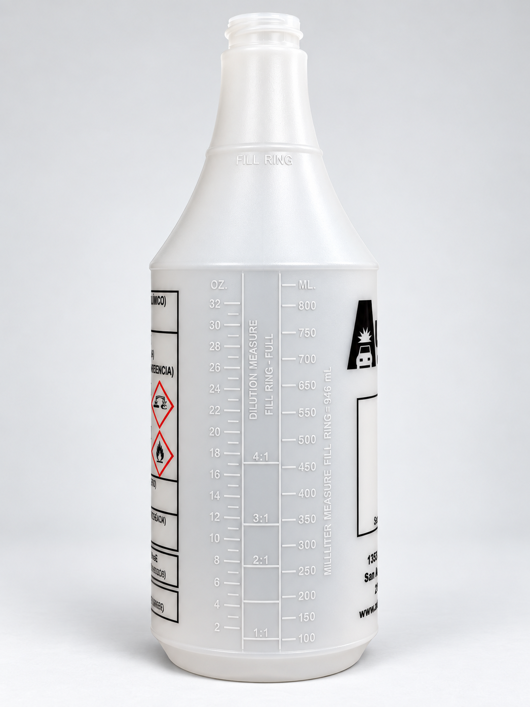 AutoBrite Plastic Quart Bottle side view with ounce and milliliter measuring lines